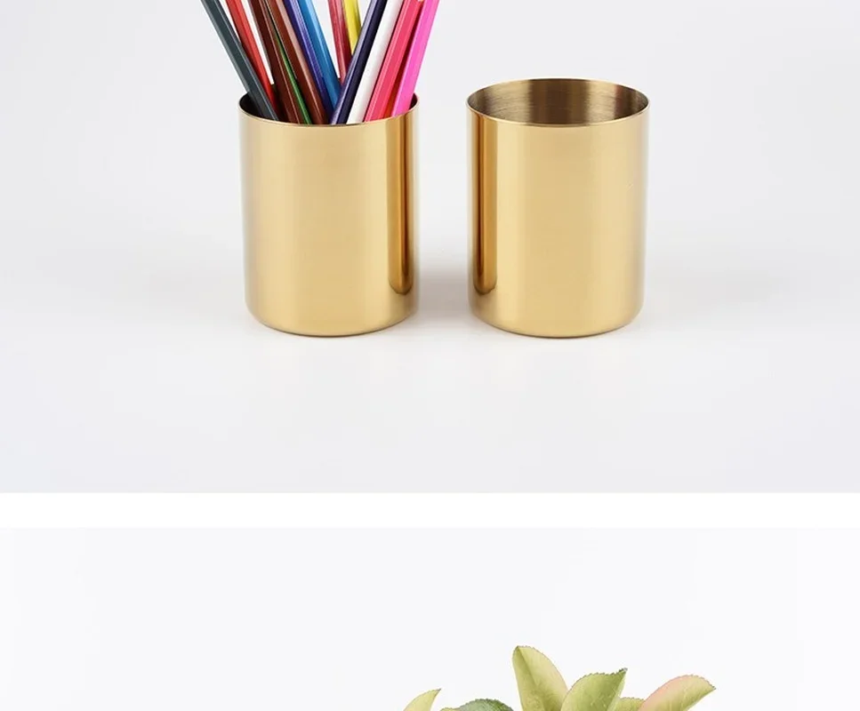 Pencil Cup Holder Pen Pot Makeup Brushes Holder Desk Stationery Organizer Stainless Steel (Gold)