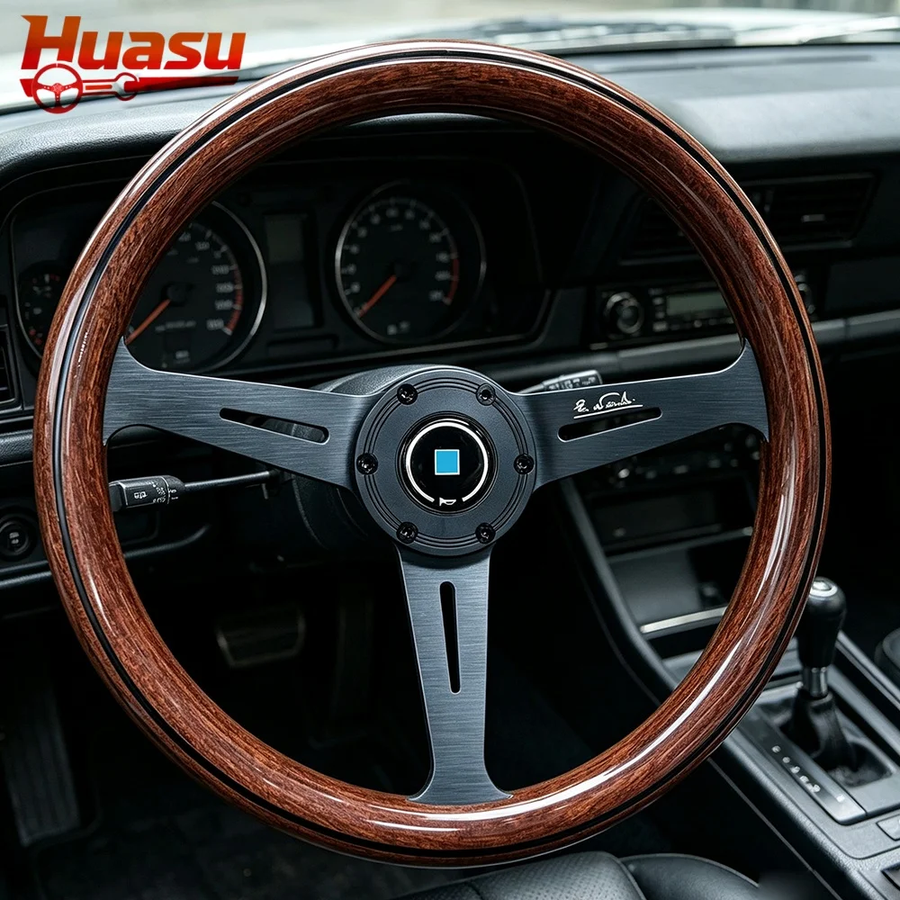 Huasu Classic Wood Grain Look 14inch 350mm Concave ABS Grip Racing Steering Wheel Black Silver Aluminum Spokes