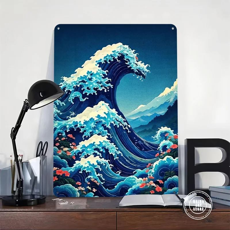 موجة عظيمة مع الزهور والجبال ملصق معدني جدار الفن من الجداريات علامات القصدير المعدنية القابلة للتخصيص لتزيين جدران الفن الرجعية