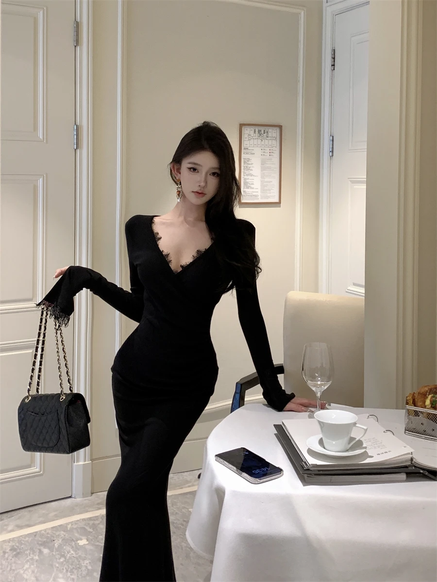 Black Lace Splice Long Sleeve V-Neck Dress Women's Autumn Winter Pure Desire Sexy Lady Style Slim Fit Bodycon Long Dress