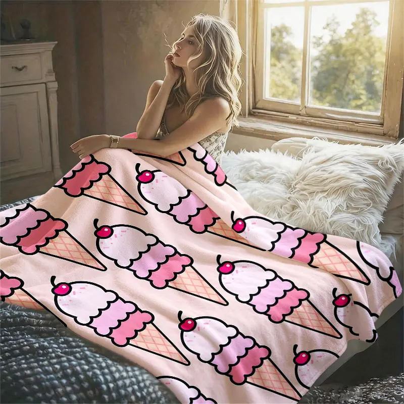 Pink Ice Cream Cones Flannel Blanket Perfect for Sofa Office Bed Travel Sleep Read Relax Camping Four Season Use