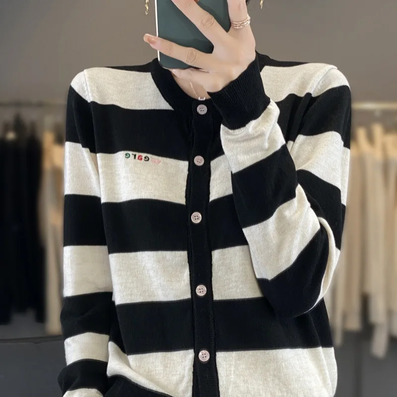 Embroidered Alphabet Embroidery Contrast Color Striped Niche Design Worsted Wool Cardigan Simple Daily Style Women's Coat