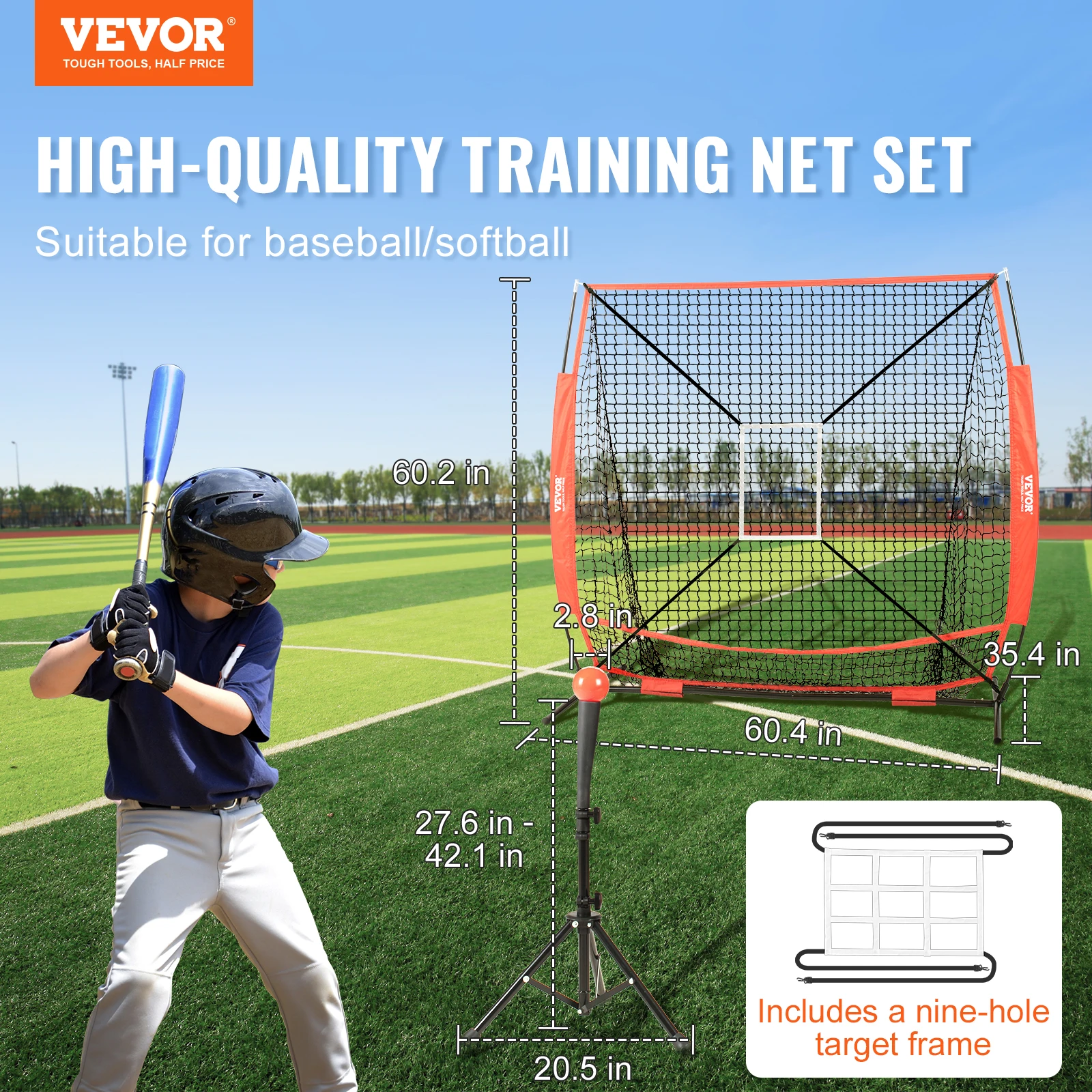 VEVOR 5x5 ft Baseball Softball Practice Net, Portable Baseball Training Net for Hitting Batting Catching Pitching B