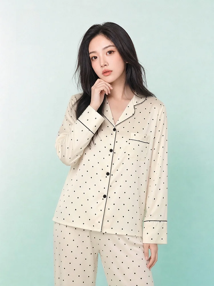PinkBread Polka Dot Silk Sleepwear Women's Summer Cool Feeling Home Clothes Long Sleeve Loose Fit Home Fashion Outfit