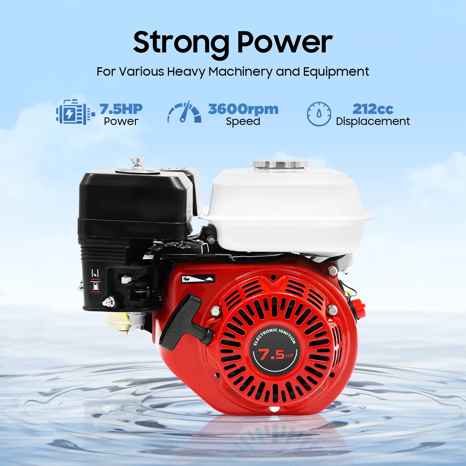 Moteur à essence 7,5 CV, 3000 W, 4 temps, 212 cm³, monocylindre, refroidi par air, vilebrequin 20 mm, 360 g kW/h
