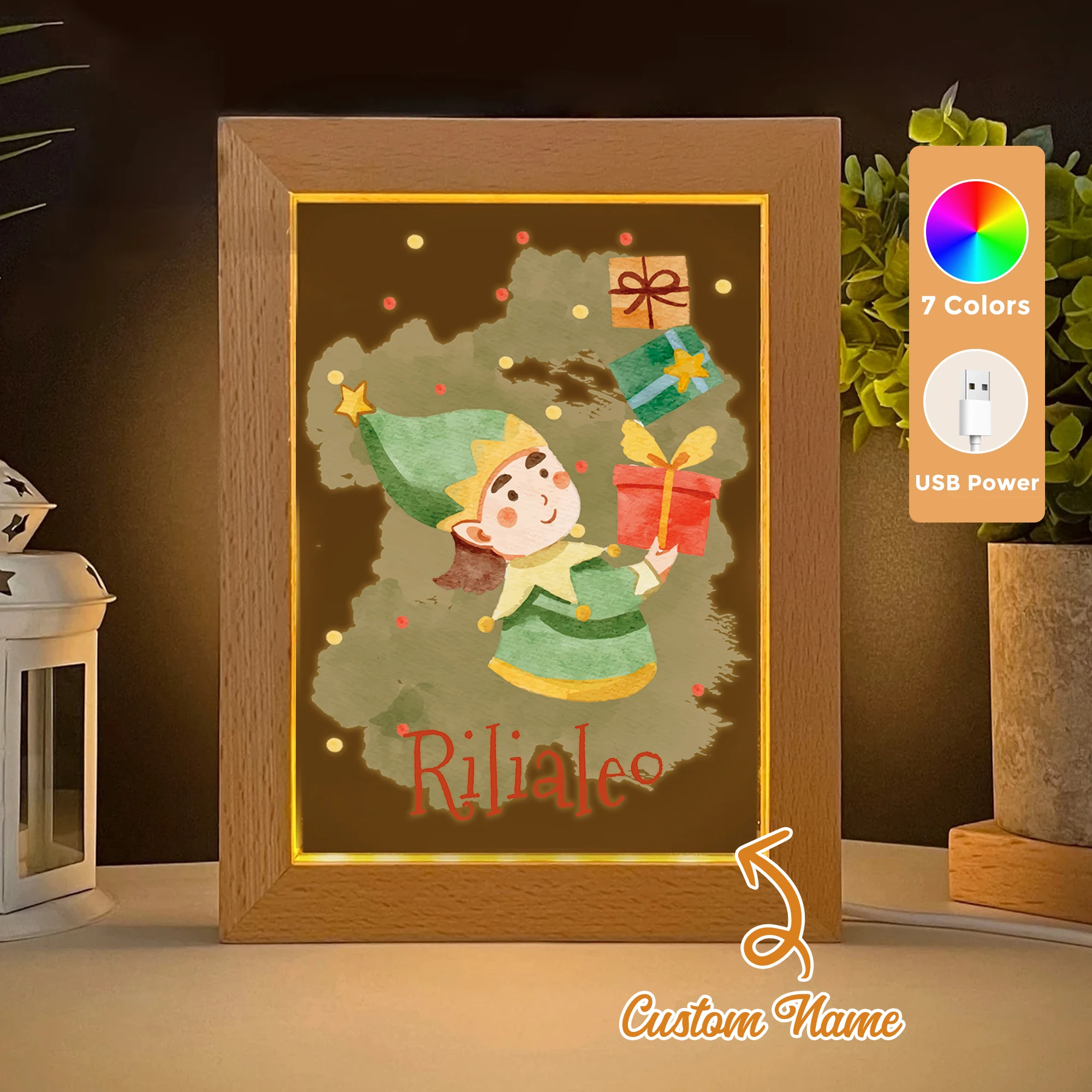 

Custom Name Christmas Gift LED Acrylic Night Light Wood Photo Frame 21x17cm Christmas Cartoon Children Bedroom Gifts Home Decor