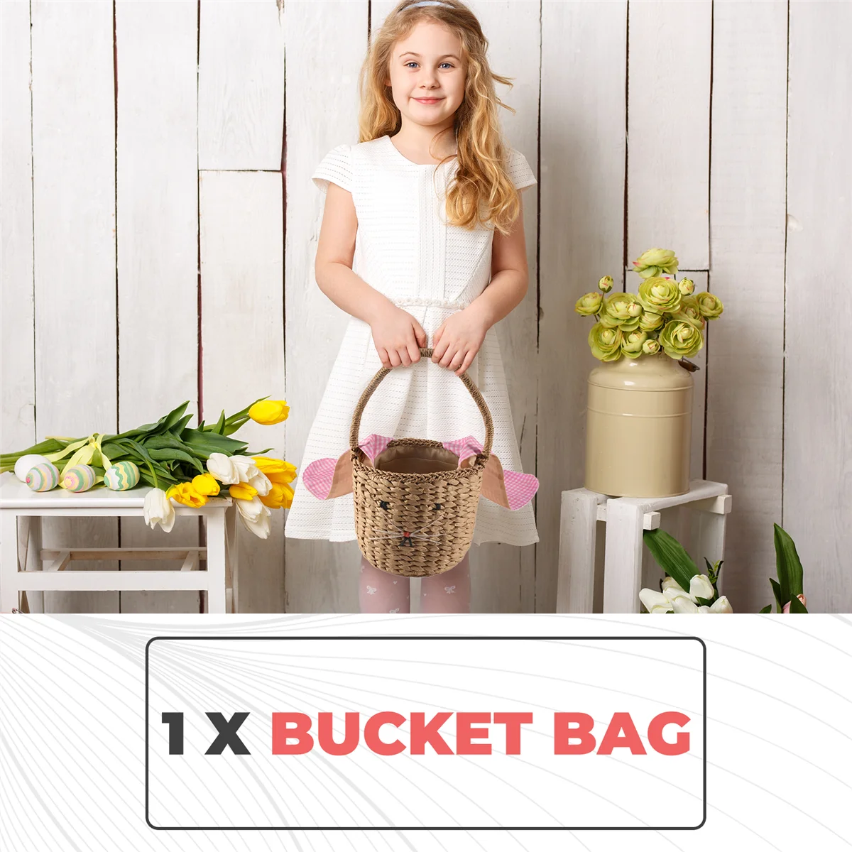 Borsa a secchiello in rattan UNCL per bambini e adulti, borsa in paglia da spiaggia, borsa a tracolla, borsa a mano con orecchie da coniglio