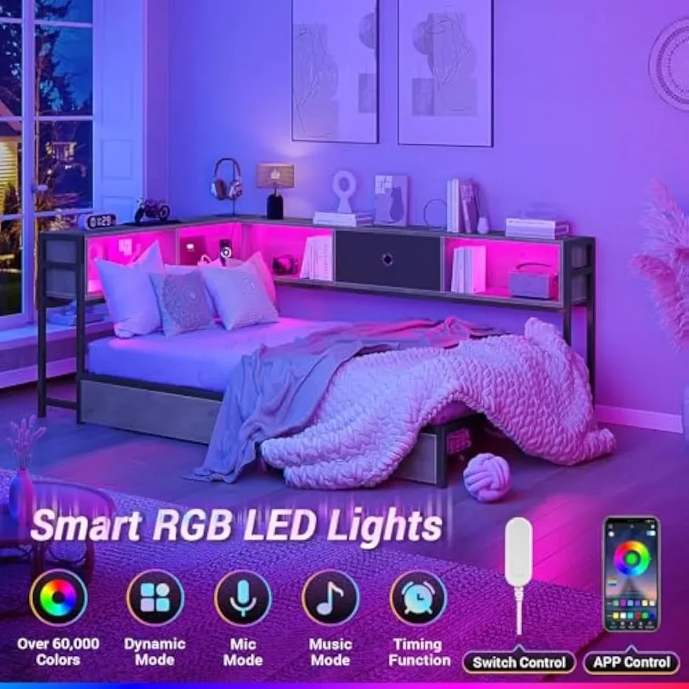 Corner Bed Frame Twin Size with Bookcase and 2 Underbed Storage Drawers, Modern Twin Bed with LED Light and Charging Station image 3