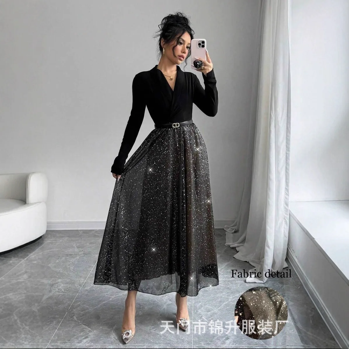 Women's Elegant V-neck Slimming Shimmering Long Dress With Pleated Mesh Splicing A-line Skirt Dress Elegant Robe Maxi Beach