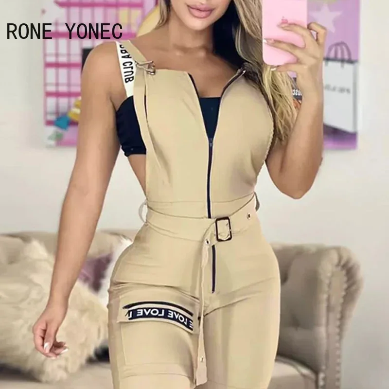 Women Solid Elegant Letter Decoration Sashes Zipper Pocket Bodycon Casual Overall Jumpsuit