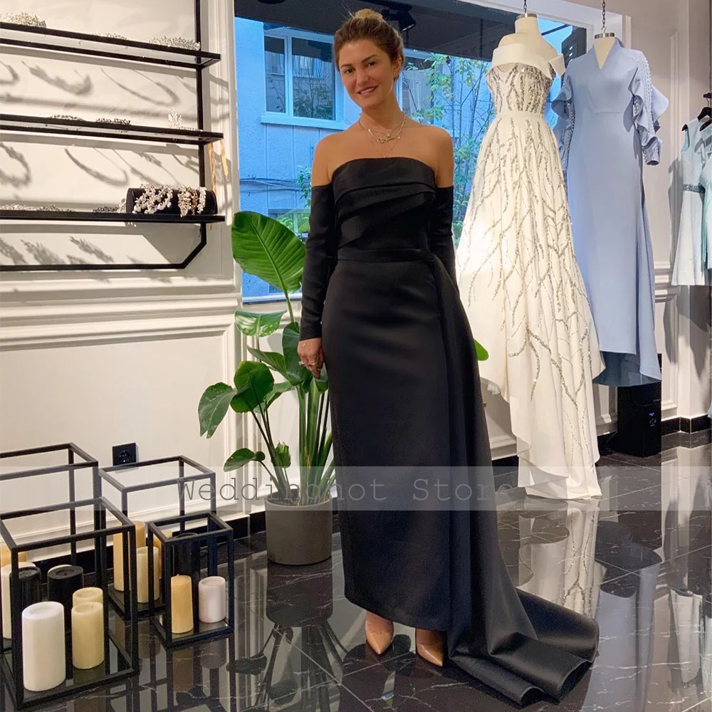 Zwart satijnen galajurk uit de schouder strapless kolom dames avondjurken maxi zij gedrapeerde enkellange formele feestjurk