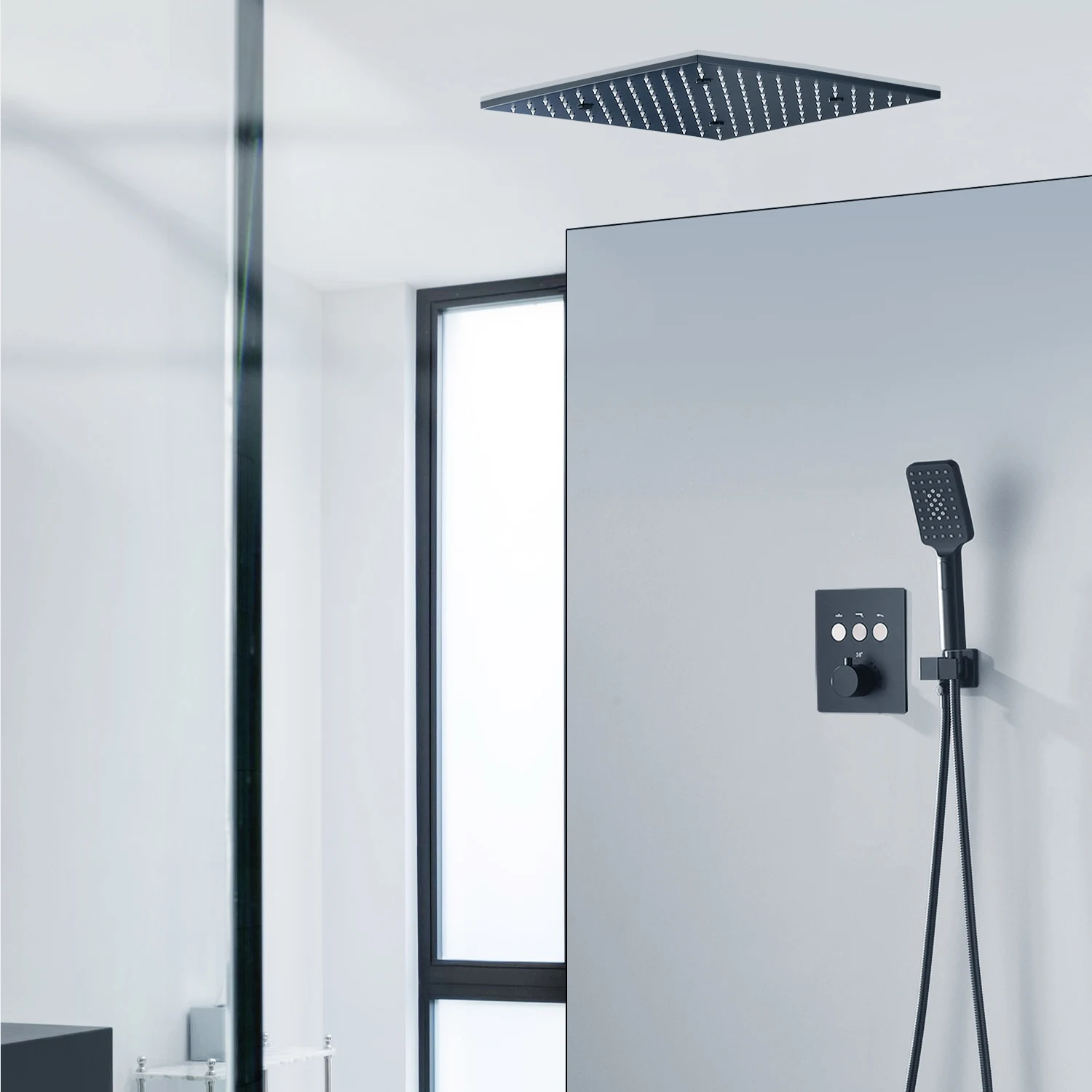 High Quality Plating Matt Black LED 16/20inch Shower Head Set Tap Button Constant Temperature Valve Mixer Switch Faucet