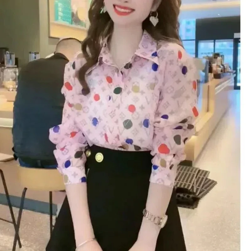 Fashion Prepry Style Spring Autumn New Blouses Women Polo Collar Cardigan Button Printed Polka Dot Loose Sweet Long Sleeve Shirt