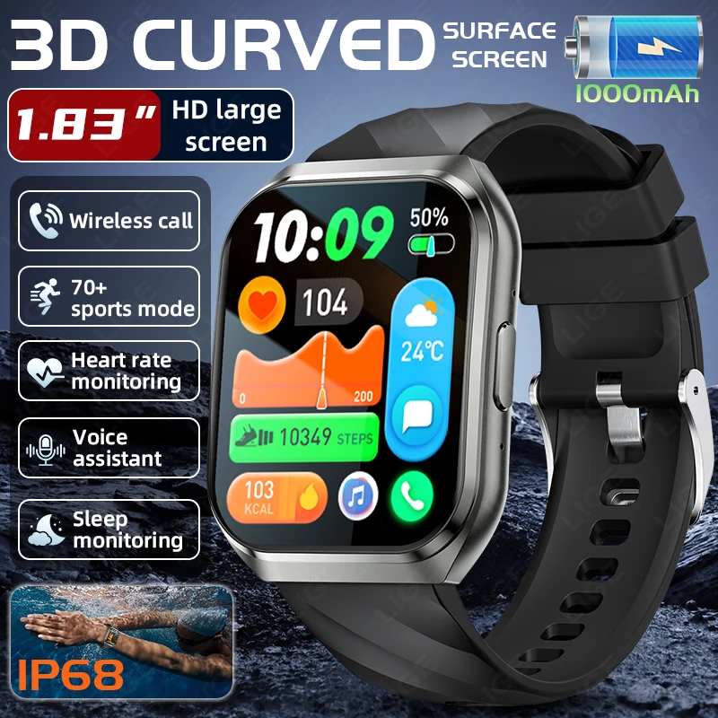 

LIGE New 1000mAh Long Standby Battery Smart Watches Men Outdoor IP68 Waterproof Smart Clock Heart Rate Sports BT Call Smartwatch