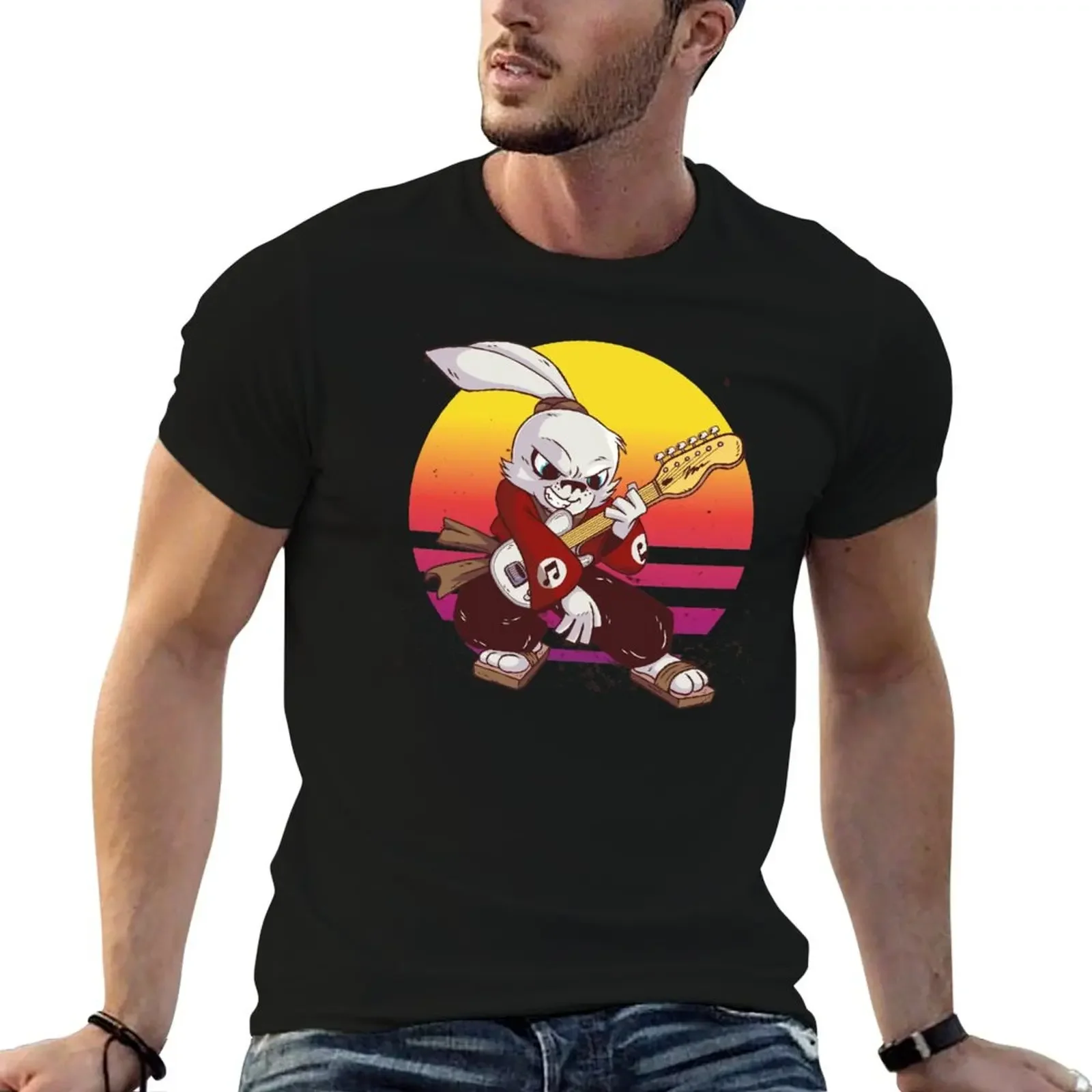 

Samurai bunny with electric guitar. T-Shirt plus size tops oversized T-shirts for men cotton