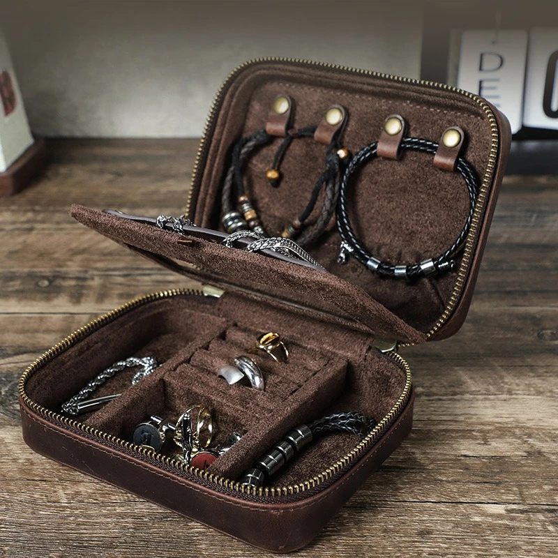 

Genuine Leather Travel Portable Jewelry Ring Storage Box Retro Cowhide Multifunctional Jewelry Storage Case