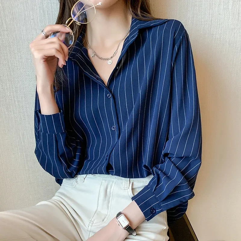 Fashion Woman Blouses 2024 Chiffon Long Sleeve Shirt Tops Woman White Blouse Shirts Striped Top Pretty and Cheap Women\'s Blouses