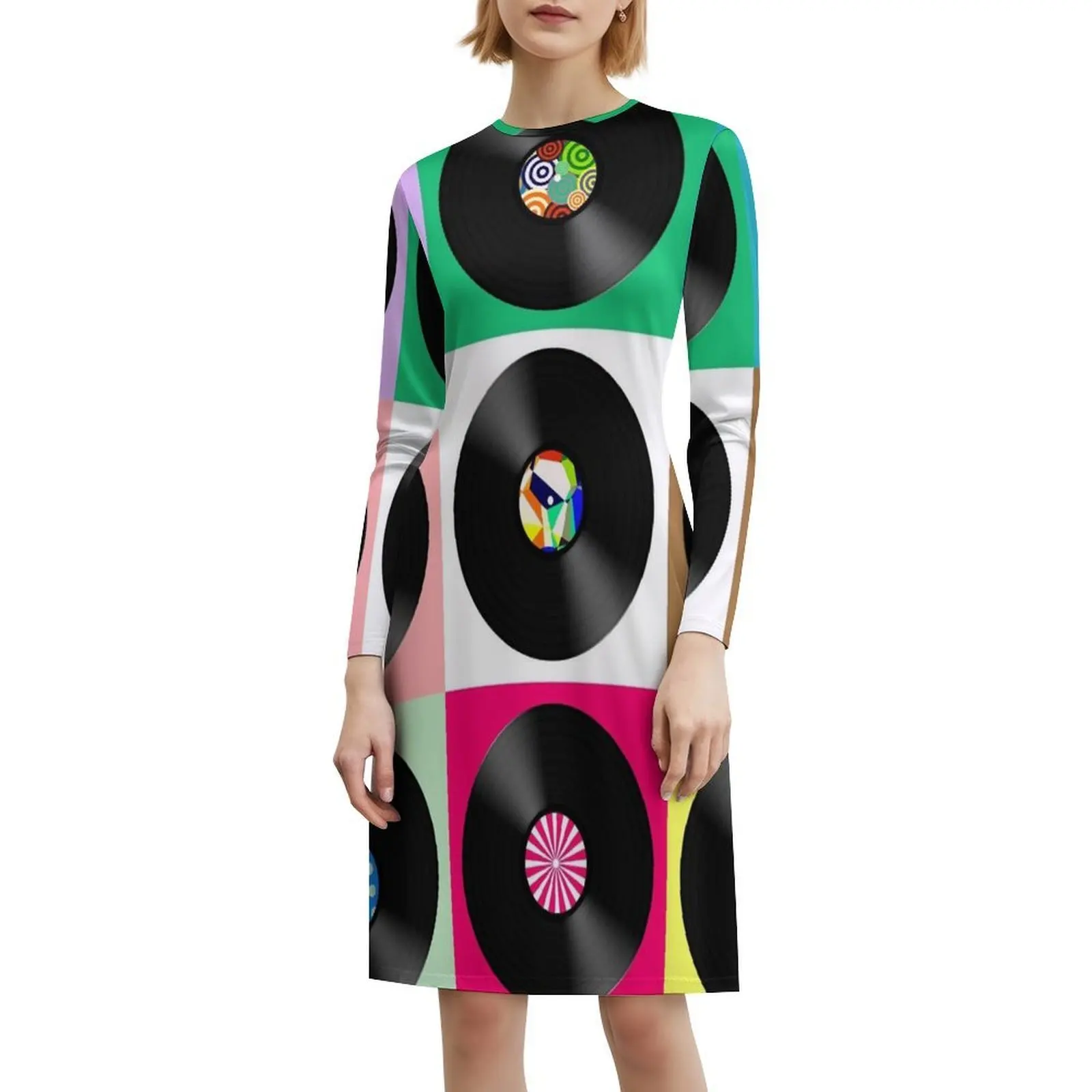 الستينات ريترو خمر الفينيل السجلات Preppy نمط فستان قصير للنساء ألف خط فضفاض صالح فستان يوم غير رسمي الموسيقى القرص الدوار الصوت