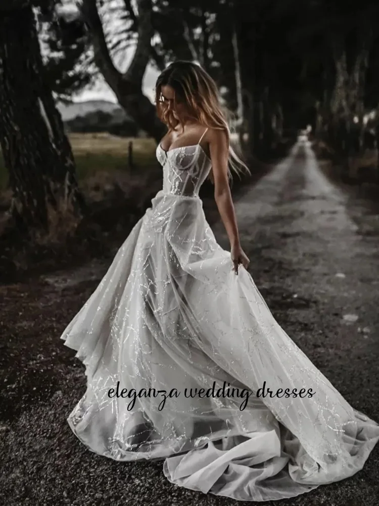 Customized Luxury Glitter Wedding Dress with Spaghetti Straps Corset A Line Bride Dresses Graceful Modern Bridal Gown 2025