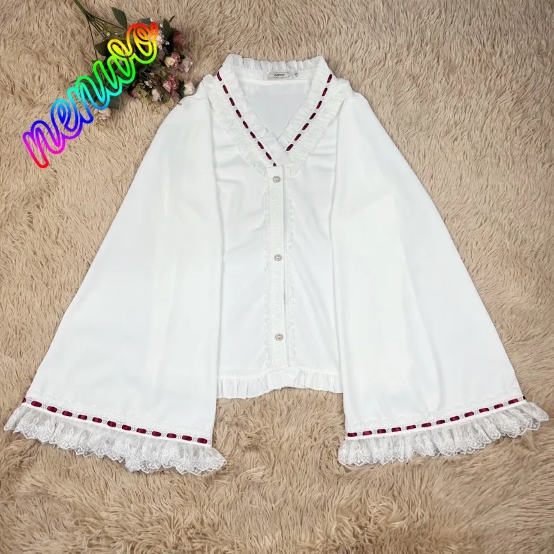 

Новая женская блузка в стиле Лолита с V-образным вырезом, в китайском стиле, в полоску, с длинными расклешенными рукавами, ретро, с рюшами, свободного кроя, весна-осень