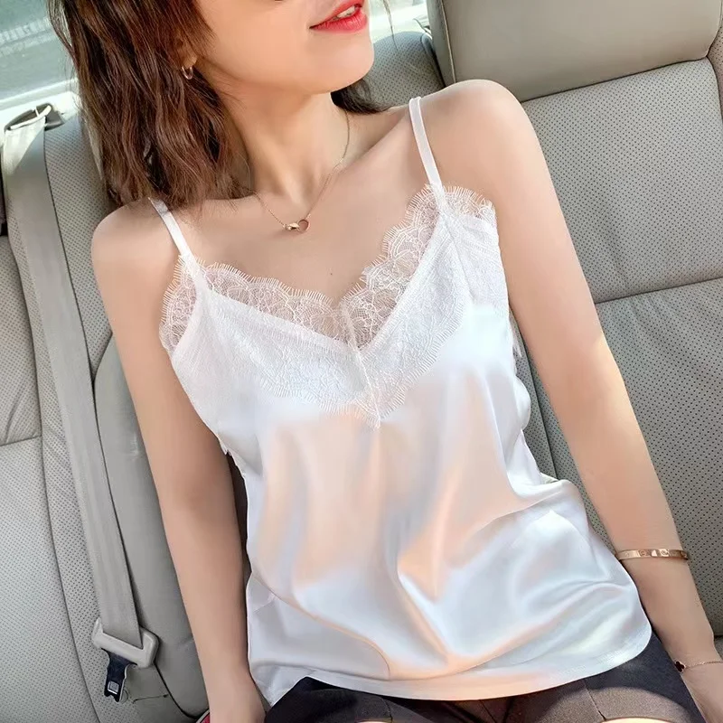 2024 Summer Tank Tops Lace Silk Blouse Women Tops Korean Fashion New Ladies Tops White Camis Basic Blouses for Women Corset Top