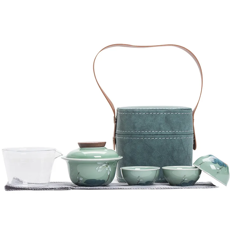 

Celadon travel tea set, portable storage, outdoor one pot, three cups, car tea small set as a gift