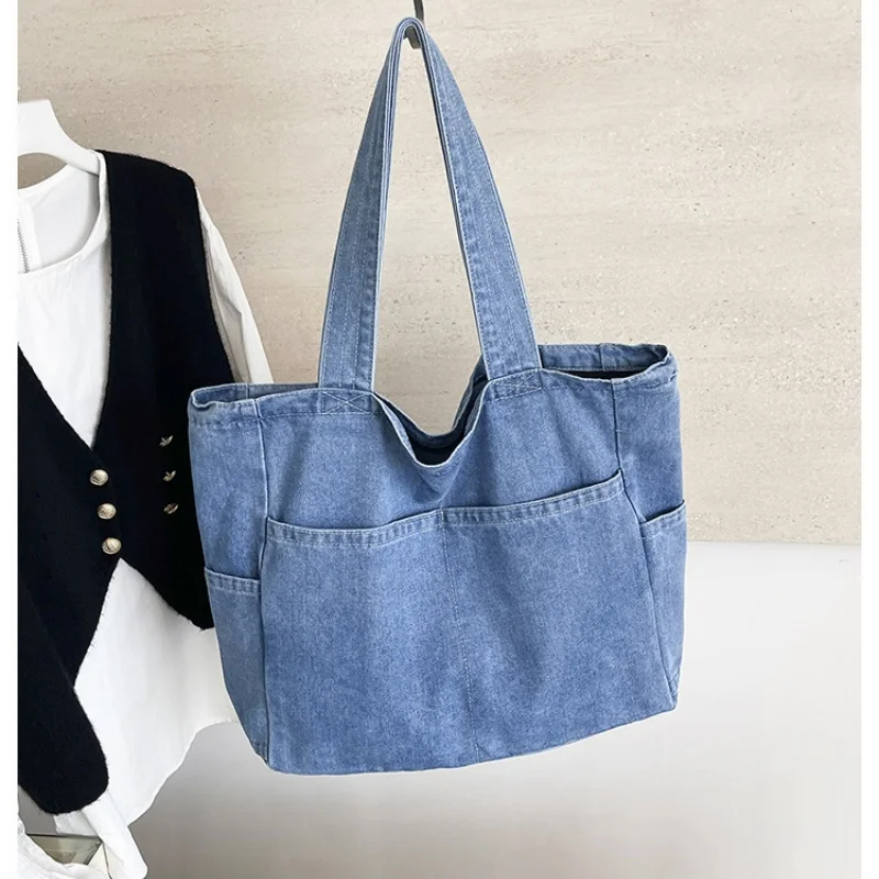 Women Large Washed Denim Tote Bag Multi‑Pocket Casual Shoulder Handbag Daily Shopping School Work Purse