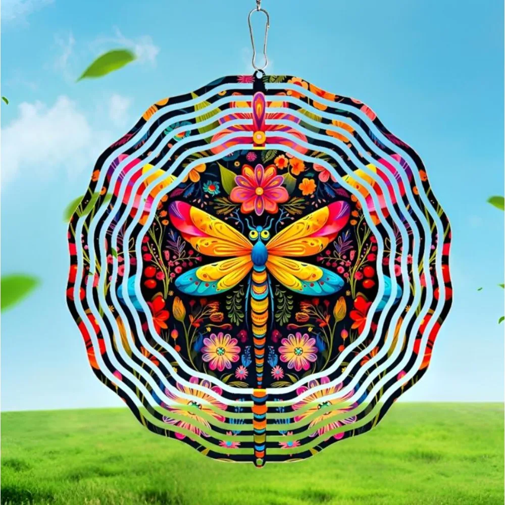 Colorful Dragonfly Floral Metal Wind Spinner | 3D Kinetic Yard Art Decor | Outdoor Garden Patio Hanging Ornament, Chime Decor