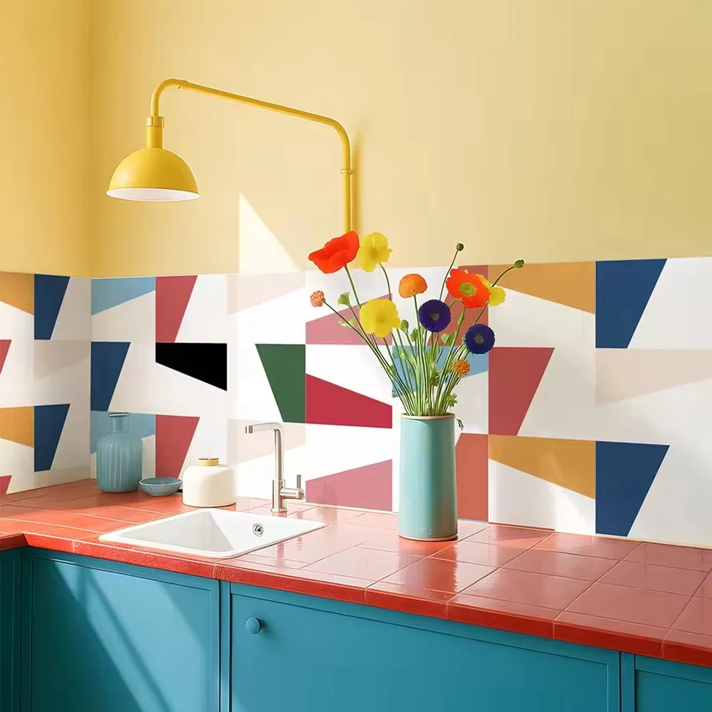 Pegatinas de vinilo para azulejos de pared y suelo, estilo Memphis, 7.87x7.87 pulgadas, 10 unidades, decoración geométrica colorida para salpicadero