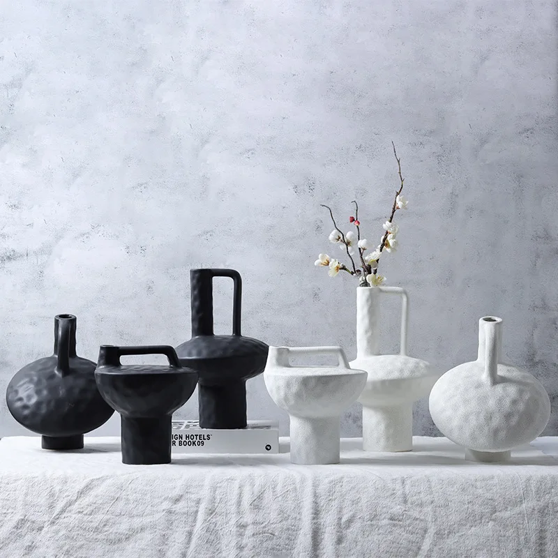 Retro Vintage Ceramic Flower Vase Abstract Geometric Shape Chinese New Style Minimalist Japanese Style Decorative Accessories