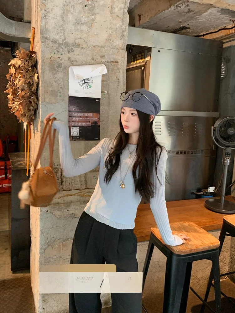 

Модный светло-голубой комплект из свитера с длинными рукавами и жилета для женщин, повседневный, стандартного кроя, осенняя коллекция