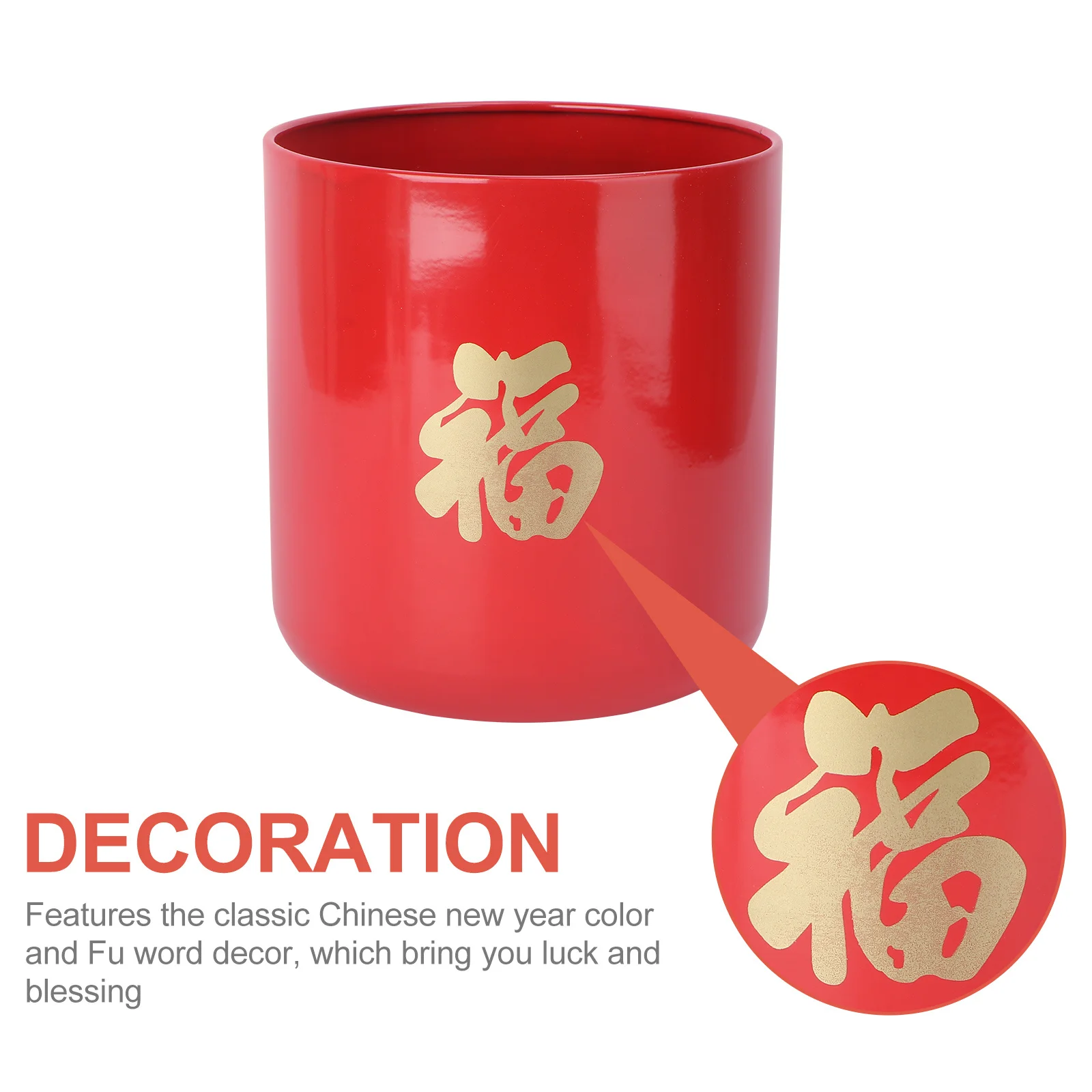 

1pc Red Fu Bucket Iron Flower Arrangement Container Chinese New Year Decor For Home Festival Flower Vase Decoration
