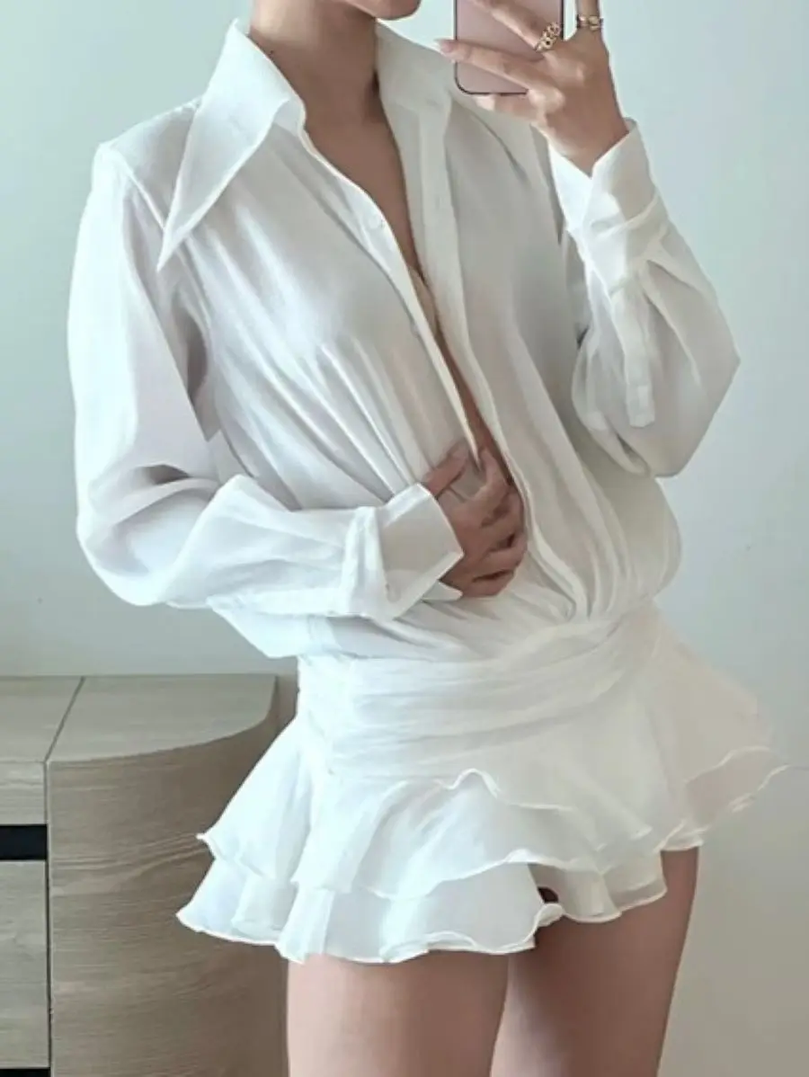 3 Colors Women's Multi-layer Ruffles Dress Turn-down Collar Long Sleeve Single Breasted Fashion Female Mini Robe