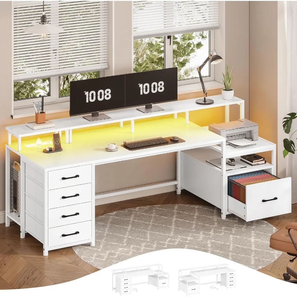 

"75-inch wide white home office desk with 5 drawers, file storage, shelves, and printer cabinet"