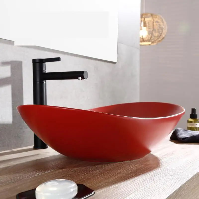 

Red Inner White Oval Thin Edge Wash Basin Ceramic 60cm Bathroom Basin Art porcelain ceramic wash basin bathroom sink