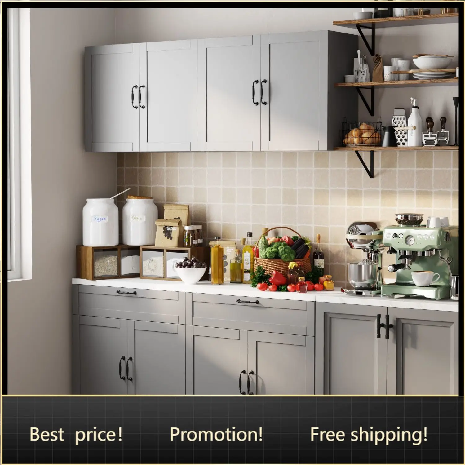 

Wall-Mounted Kitchen Pantry Kitchen Storage Cabinet with White Countertop, Pantry Cabinet with Drawers & Doors, Wall Cabinet Gre