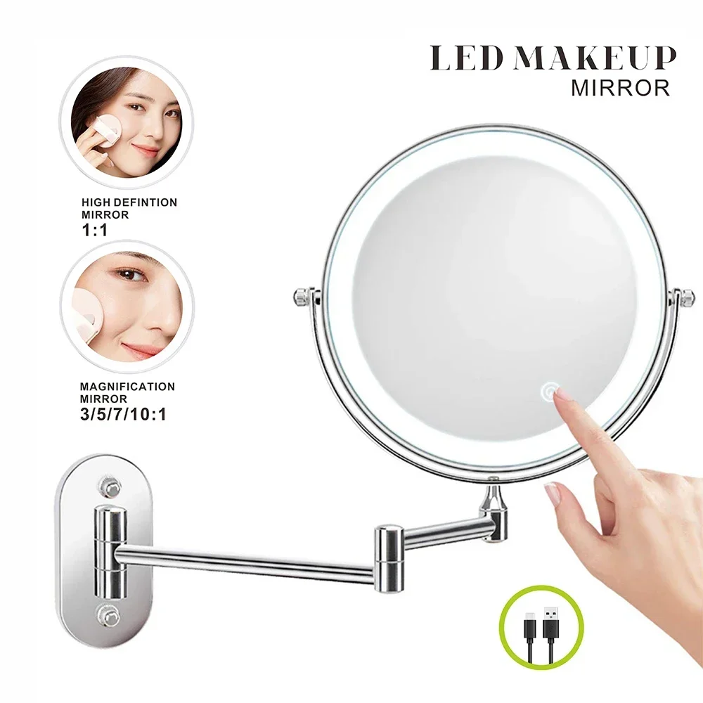 Bathroom White Smart Makeup Mirror 8-inch Folding LED Makeup Mirror 3X Magnification Double-sided Battery Mirror