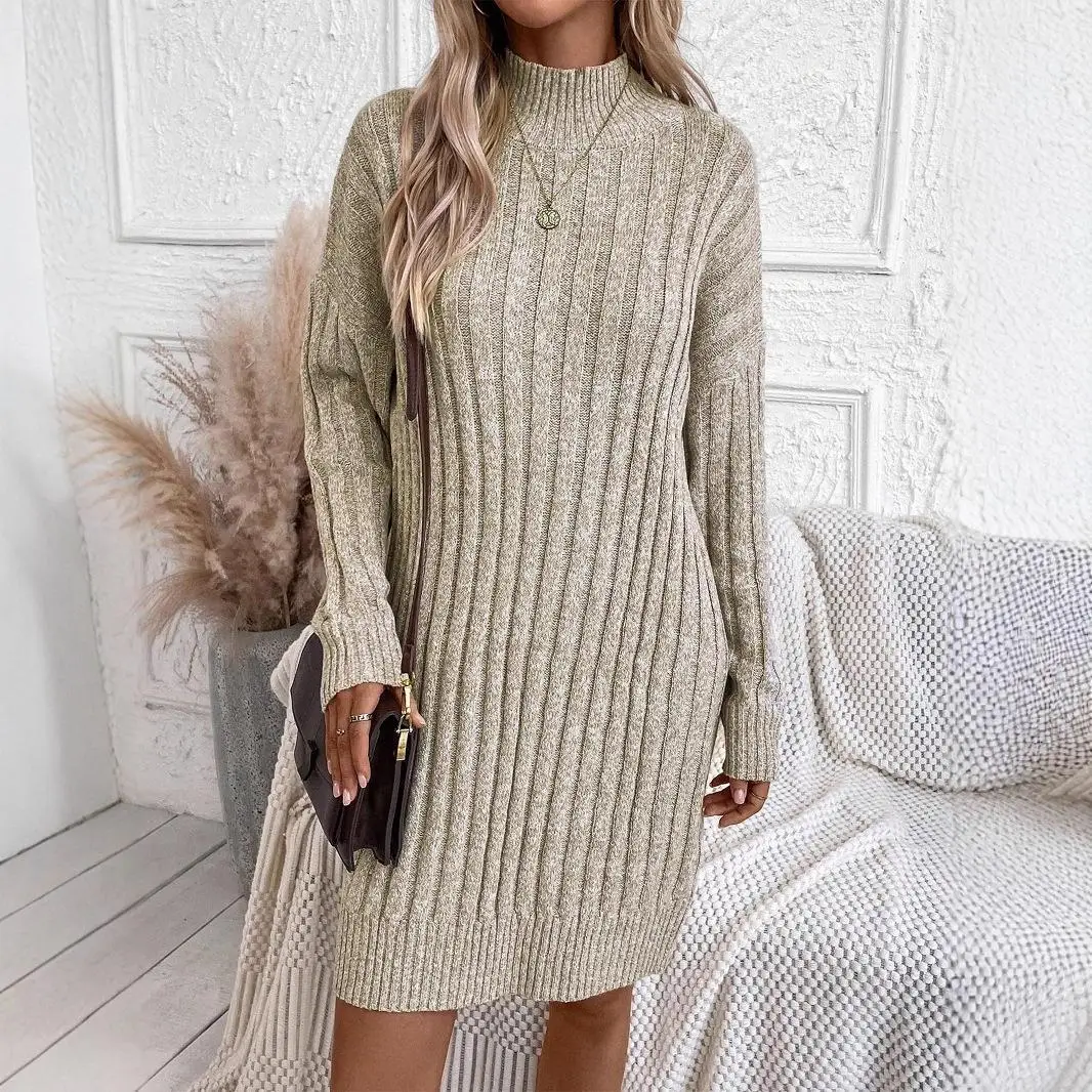 

Loose Knitted Long Sve High Collar Dr Bodycon Sle Pure Color Autumn Winter New Women's Faion Woolen Coat G24702