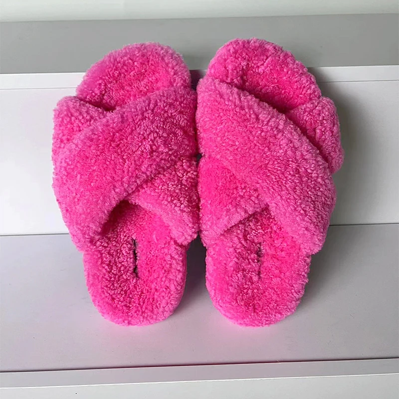 

Wool Fur Women Slippers Women Indoor Furry Fur Slides Female Plush Flip Flops Flats Sandals Casual Fluffy Slipper House Shoes