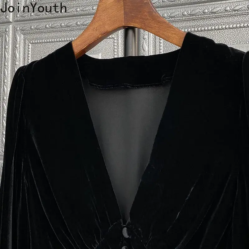 2023 Blusas Mujer De Moda Temperament Black Blouses Women Clothing V-neck Long Sleeve Vintage Tops Tunic Velvet Korean Shirts