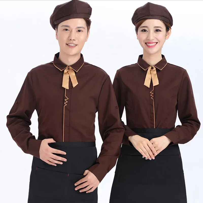 

Hotel Restaurant Waiter Uniforms Coffee Shop Waitress Long Sleeve Work Shirt+Apron+Tie Set Beer Bar Worker Clothing Wholesales