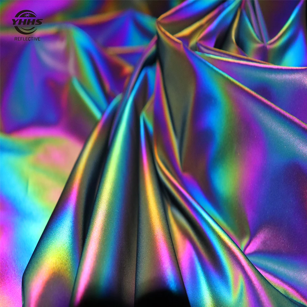 Tecido Reflexivo Arco-íris para Roupas, Alta Visibilidade Reflexiva, Cor Gradiente Mágico, Acessórios de Vestuário Preto, Prata Brilhante, 140cm