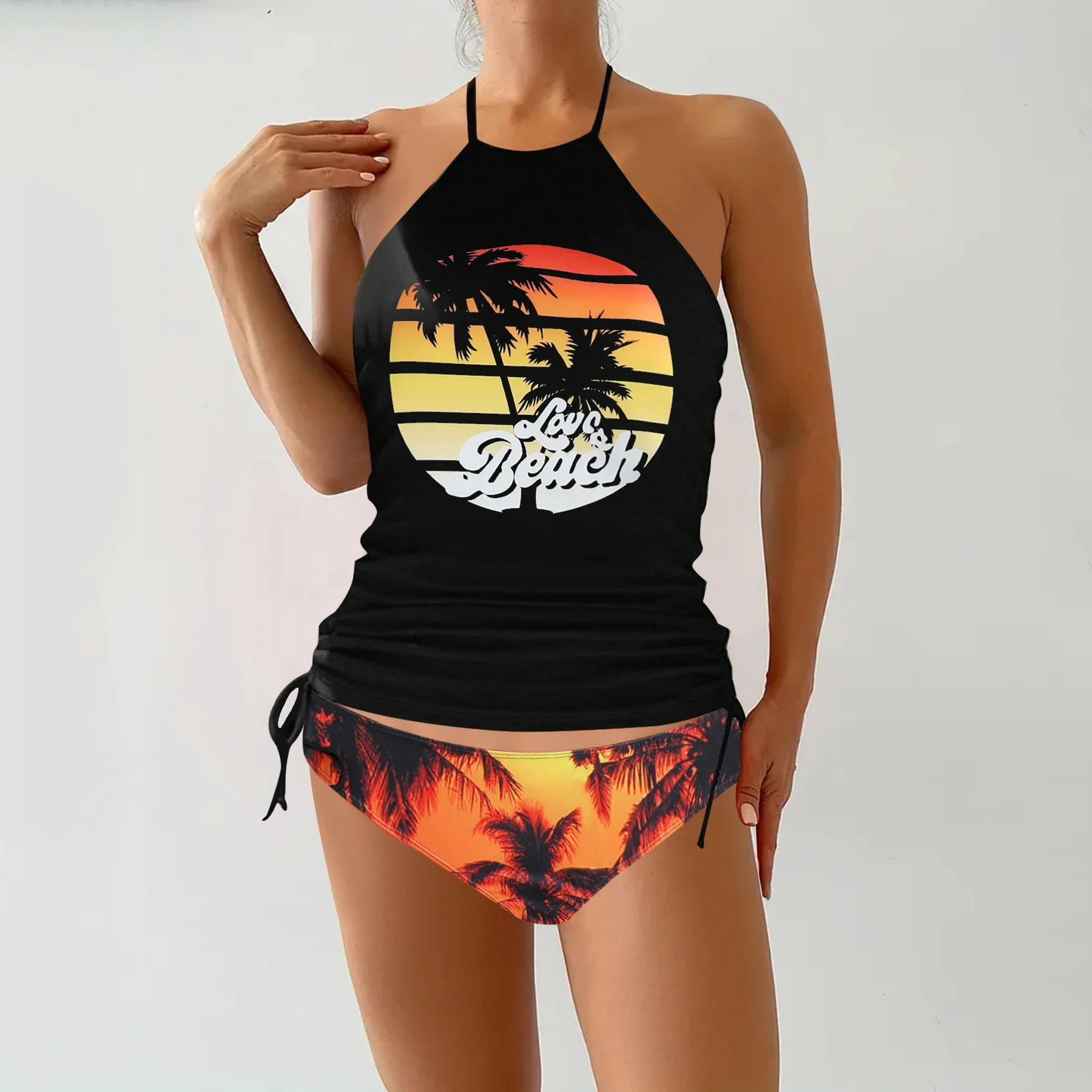 Women's Tankini Swimsuit Set, Floral Print Backless Two-Piece Swimwear, Fashionable Beachwear with Tank Top & Shorts Sexy Bikini