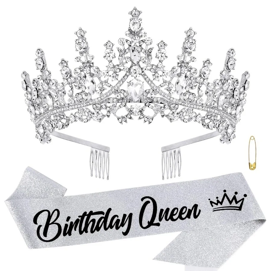 Barocke Strass-Geburtstagsköniginnen-Schärpe mit Krone, Tiara und Stirnband, Geburtstags-Schärpe mit Anstecknadel, Happy Birthday Party Dekoration – Detail 26