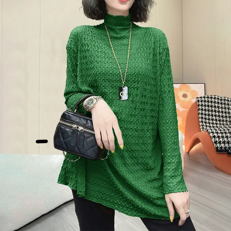 Spring Autumn Thin Pleated Loose T Shirt Tops Solid Long Sleeve Half High Neck All-match Pullovers Casual Fashion Women Clothing