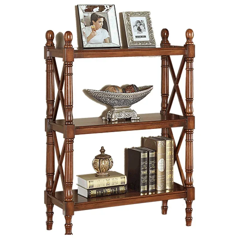 Rural Pastoral Solid Wood Bookshelf Simple Retro Storage Rack Floor Standing Shelf Living Room and Kitchen Storage Rack