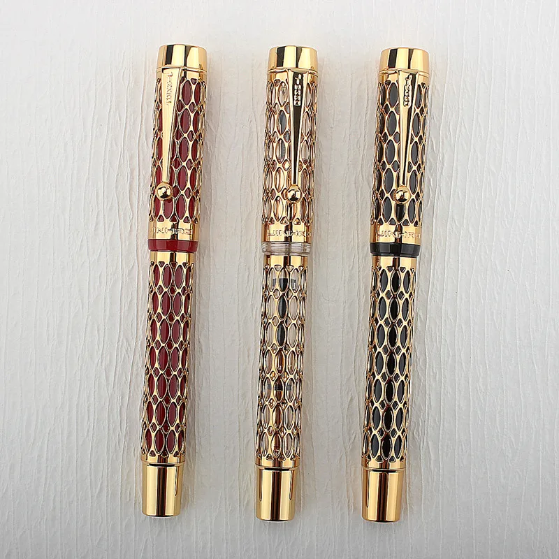 

Jinhao New 100 Fountain Pen Hollow Out 18KGP Golden Plated M Nib Resin Ink Pen Business Office Gift Pen