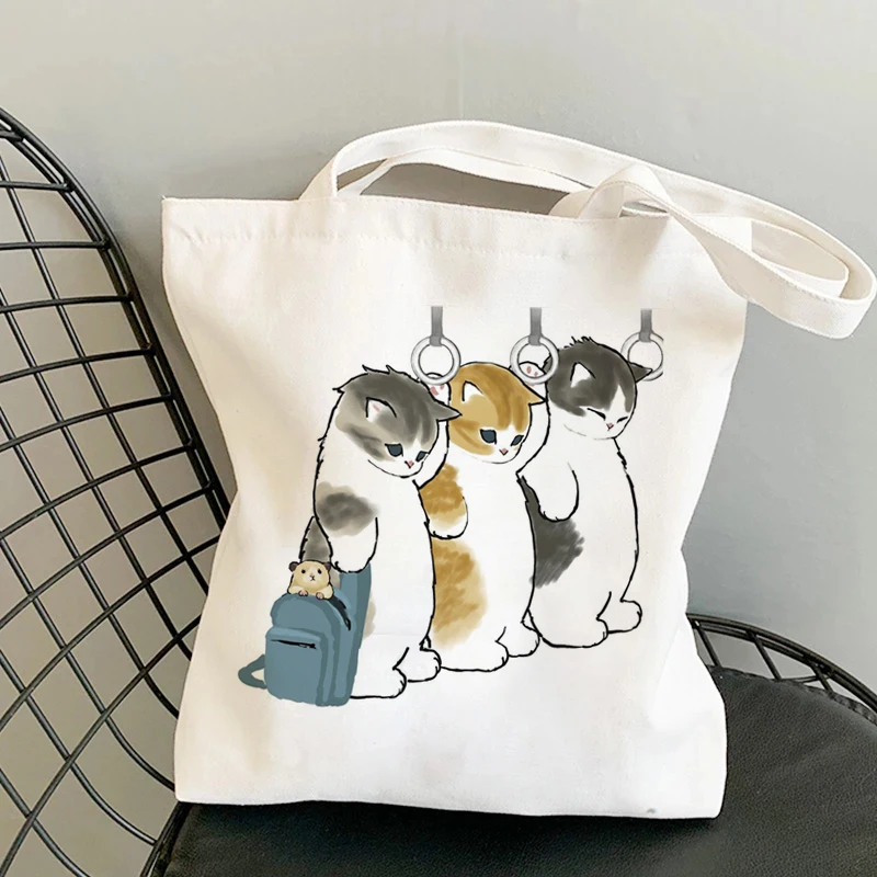 Bolso de compras de lona para mujer, bolsa Kawaii con estampado de gatos divertidos, Harajuku, de hombro, 2022