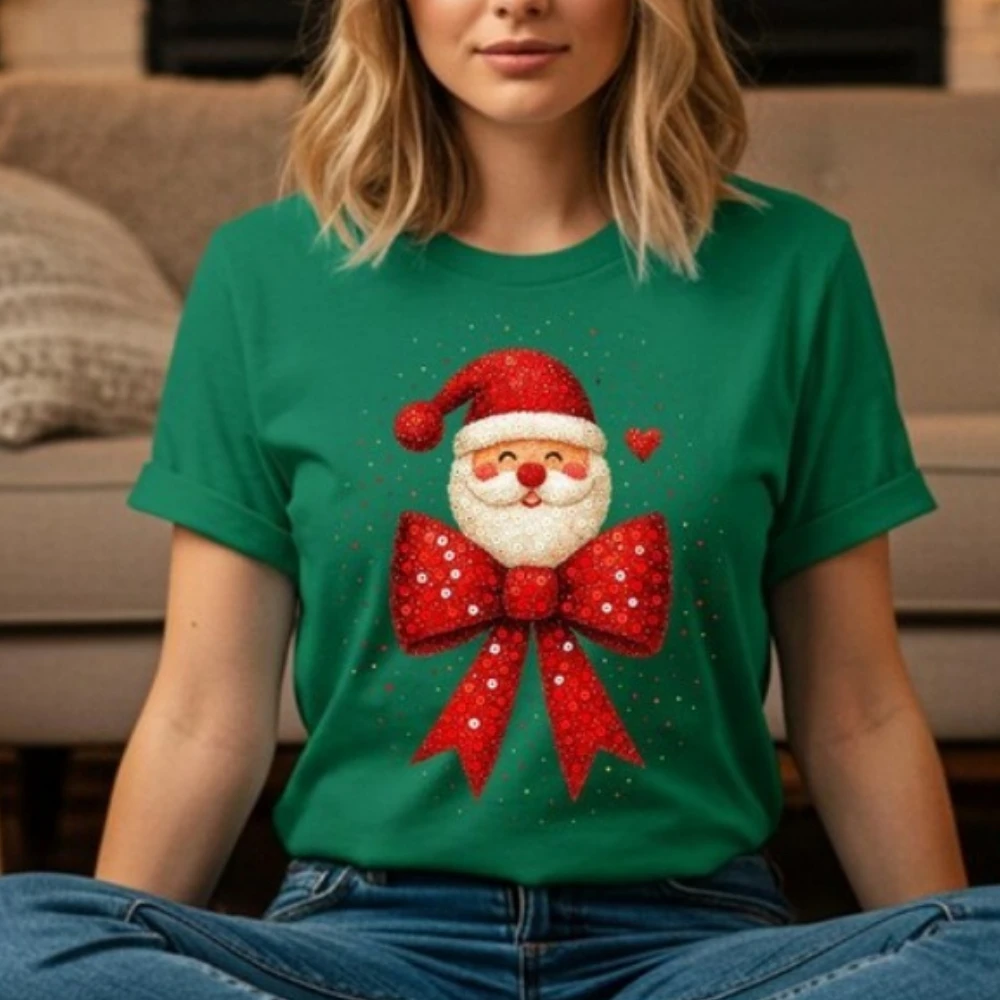 Santa Face with Sparkly Red Bow Funny Cute Christmas Faux Sequin Glitter Santa Tees Shirts for Women Aesthetic Clothes Shirts