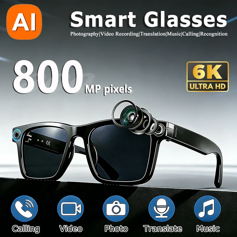 

6K HD AI Camera Glasses 800MP Photochromic Multifunctional Smart Glasses Bluetooth Calling Photo Video ChatGPT Music Translation